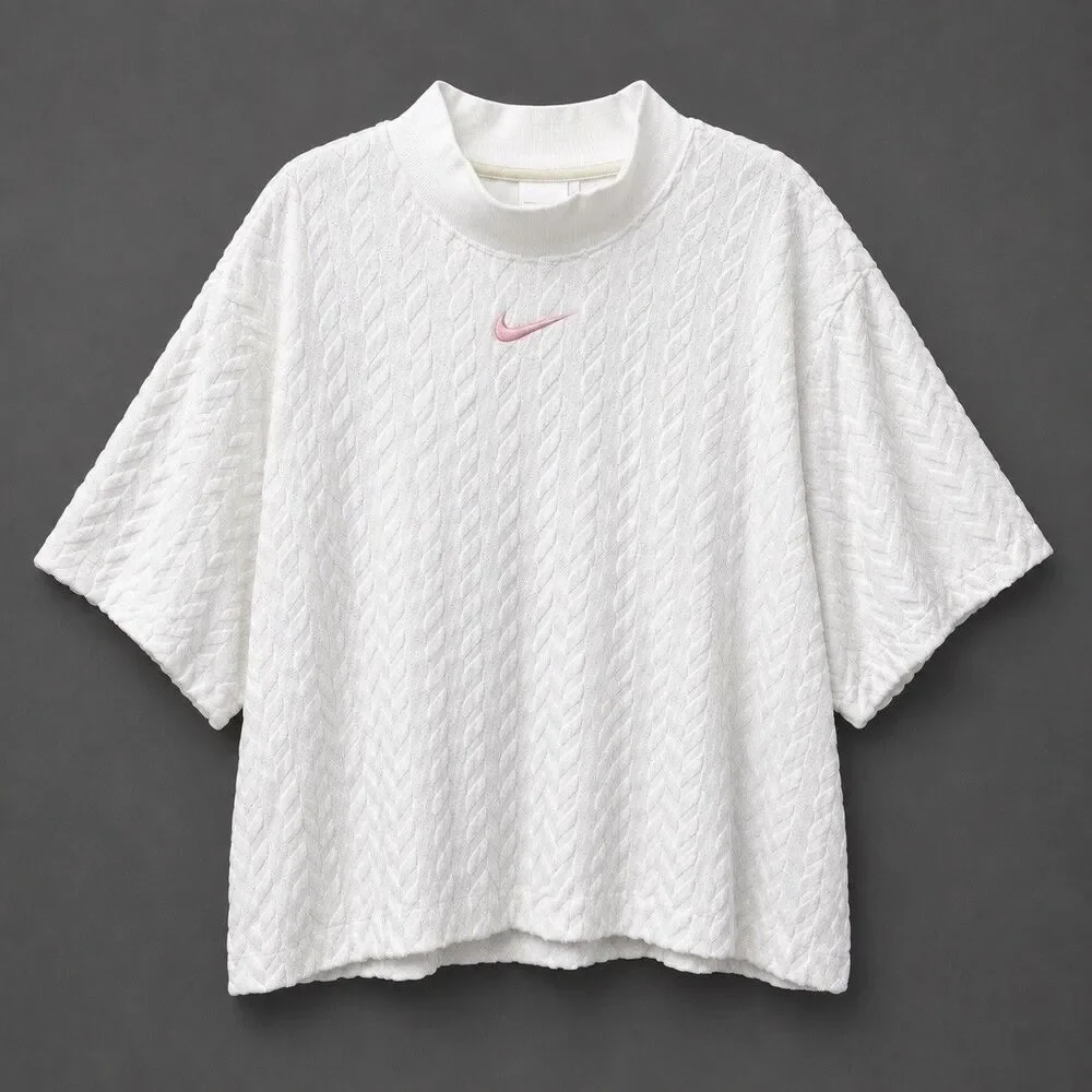 Nike Sweatshirt Women's XS White Herringbone Mock Neck Short Sleeve Terry Logo